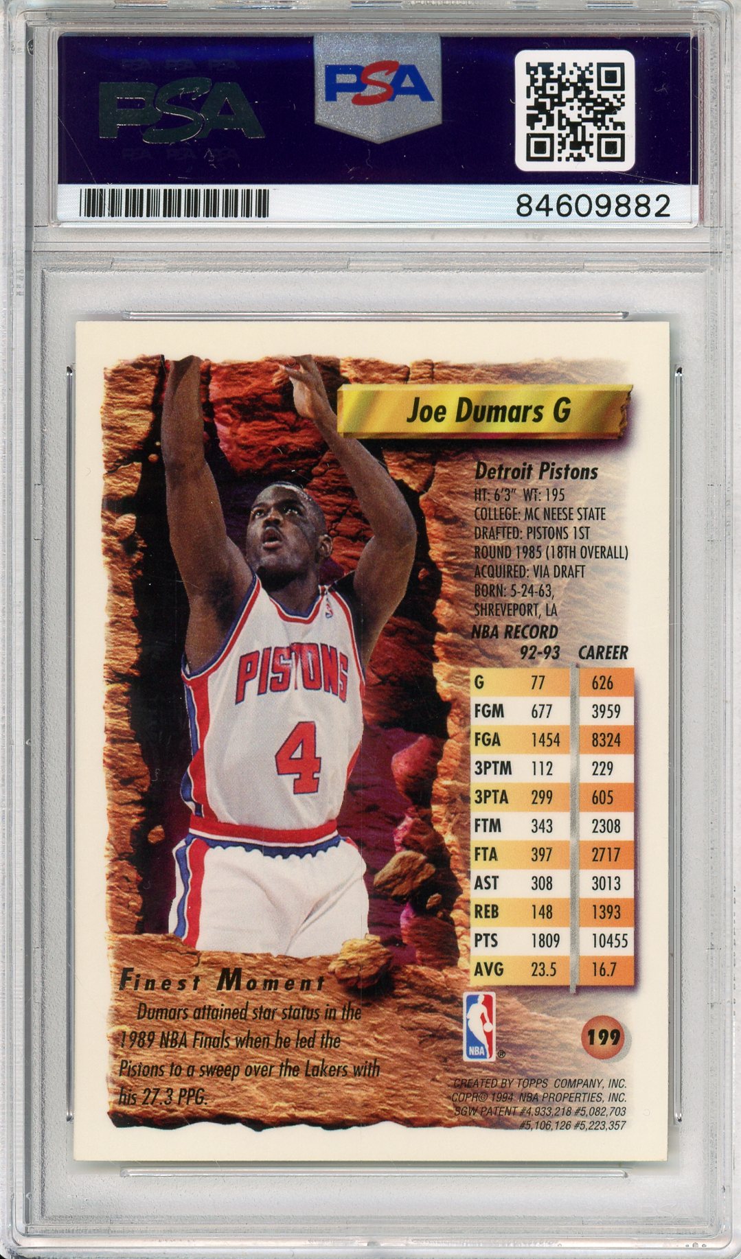 1994 TOPPS FINEST JOE DUMARS #199 HOF PISTONS AUTOGRAPH PSA/DNA