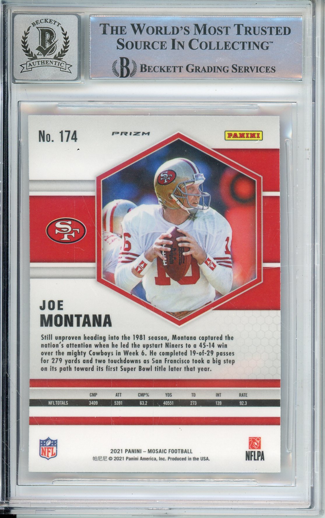 2021 PANINI MOSAIC JOE MONTANA #174 HOF 49ERS 4-TIME SUPER BOWL CHAMP BECKETT AUTOGRAPH