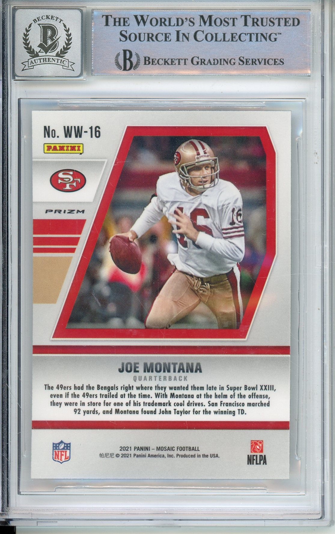 2021 PANINI MOSAIC JOE MONTANA #16 HOF 49ERS 4-TIME SUPER BOWL CHAMP BECKETT AUTOGRAPH