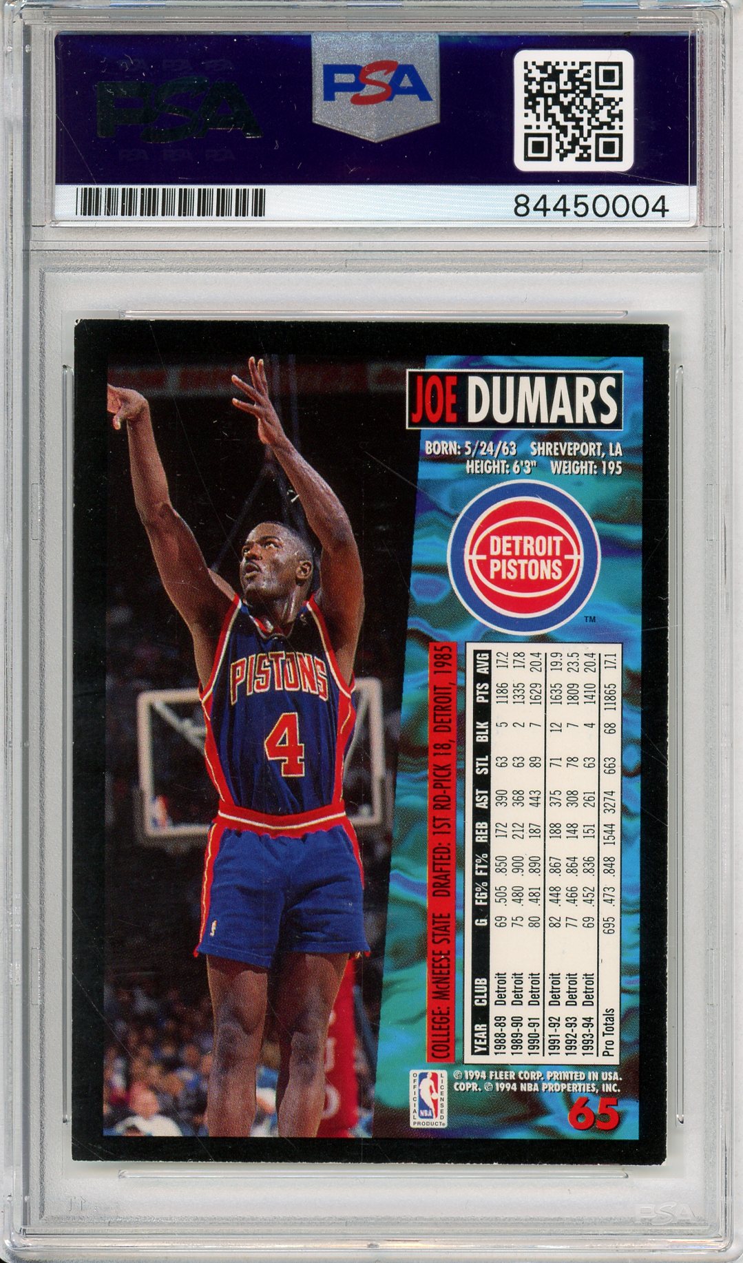 1994-95 FLEER JOE DUMARS #65 HOF PISTONS AUTOGRAPH PSA/DNA
