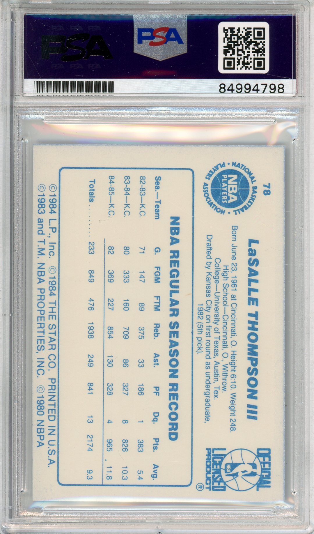 1984 STARS LASALLE THOMPSON III #78 SAC KINGS AUTOGRAPH PSA/DNA