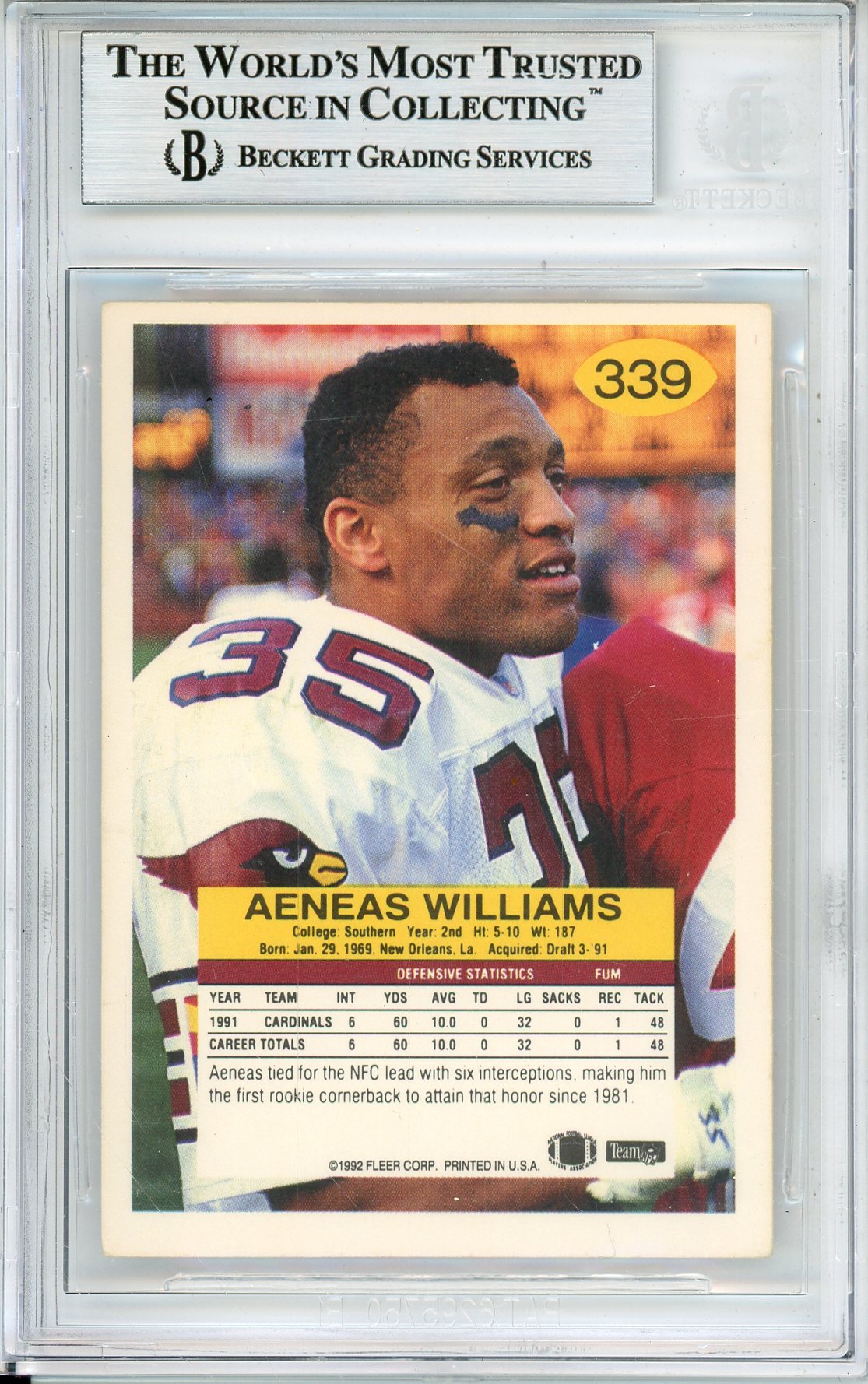 1992 FLEER AENEAS WILLIAMS #339 HOF CARDINALS 5-TIME ALL PRO BECKETT AUTOGRAPH