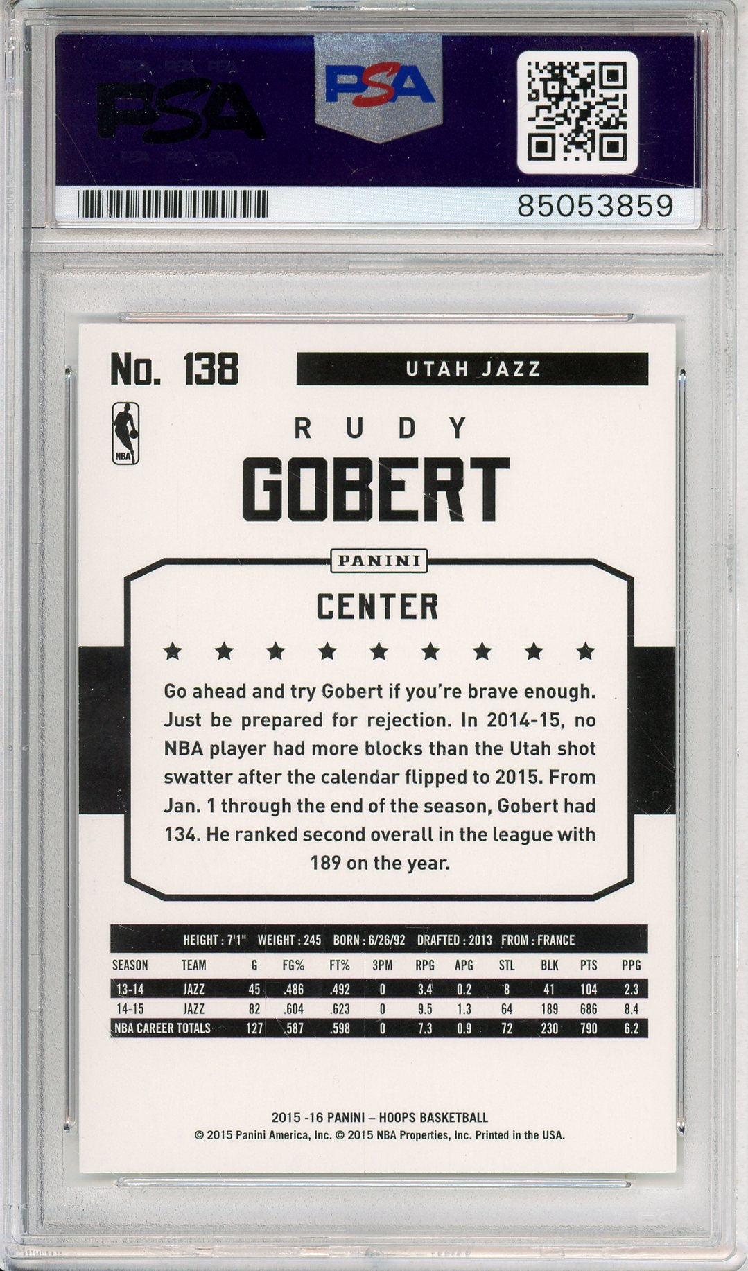2015-16 PANINI NBA HOOPS RUDY GOBERT #138 JAZZ 4-TIME DPOY AUTOGRAPH PSA/DNA