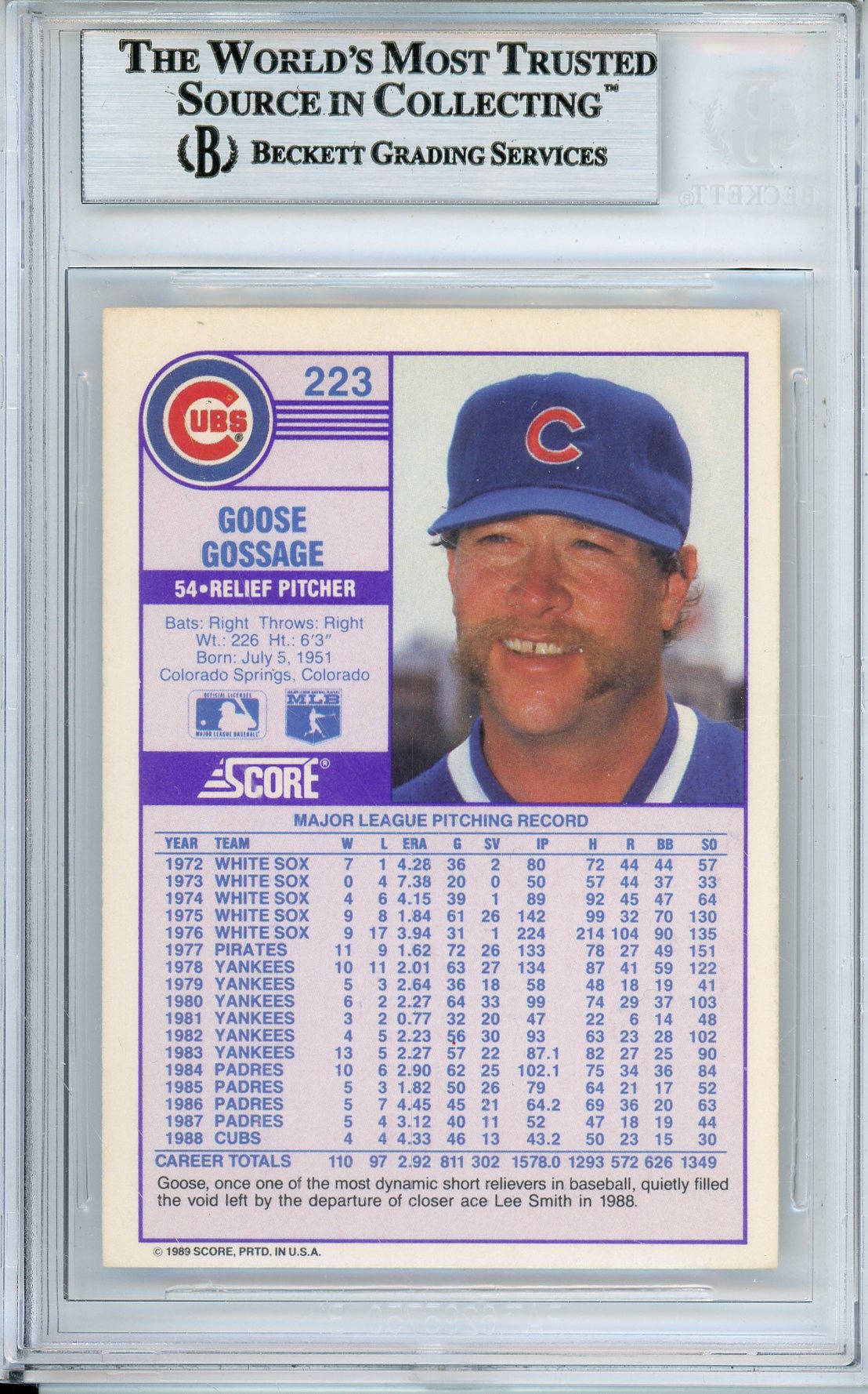 1989 SCORE RICH GOSSAGE #223 CUBS HOF AUTOGRAPH BECKETT AUTHENTIC