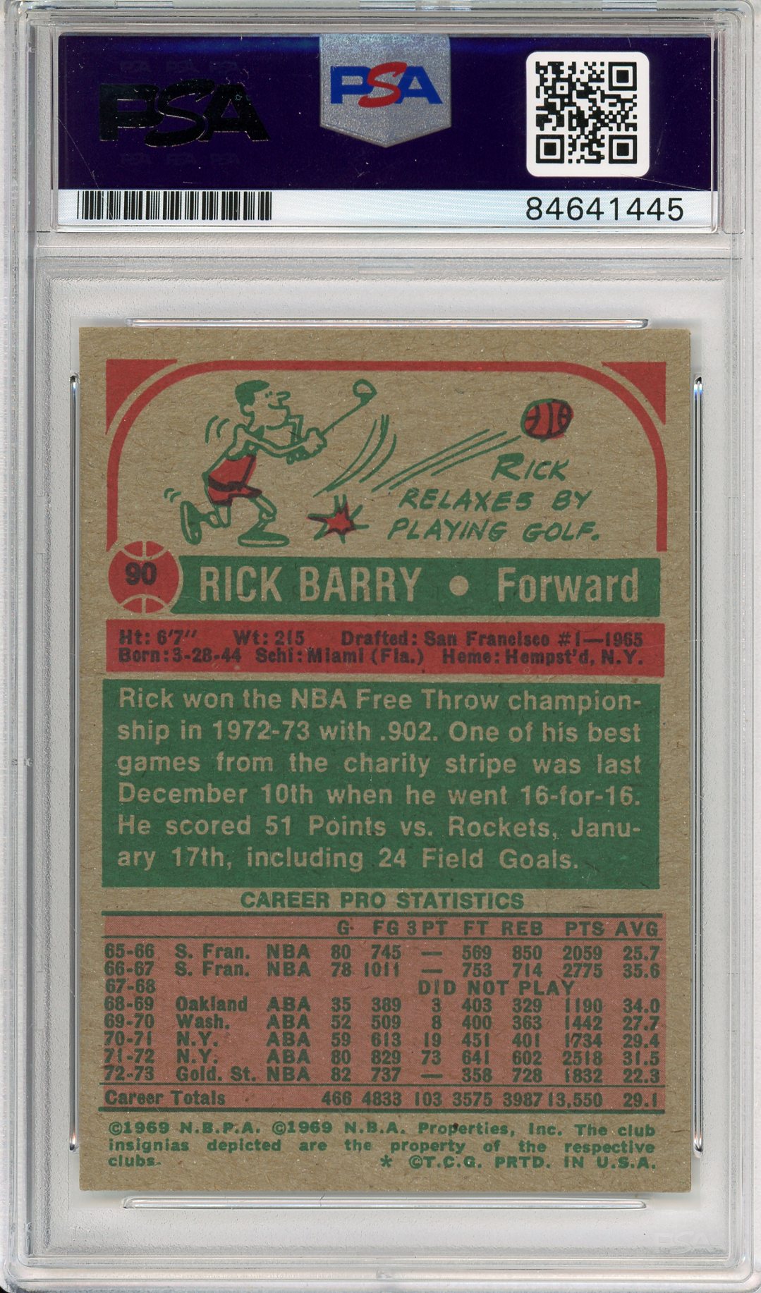 1973 TOPPS RICK BARRY #90 WARRIORS "HOF 1989 INSCRIPTION" AUTOGRAPH PSA/DNA