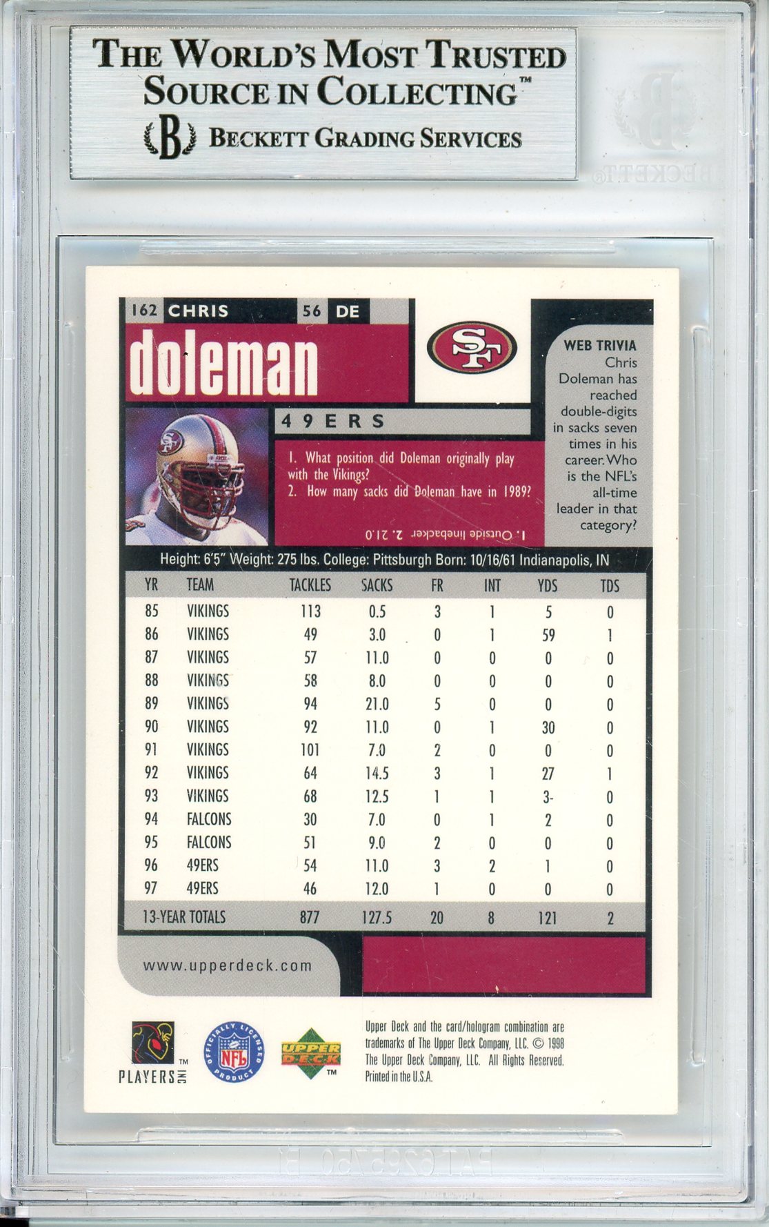 1998 UPPER DECK CHOICE CHRIS DOLEMAN #162 HOF 49ERS 5-TIME ALL PRO BECKETT AUTOGRAPH
