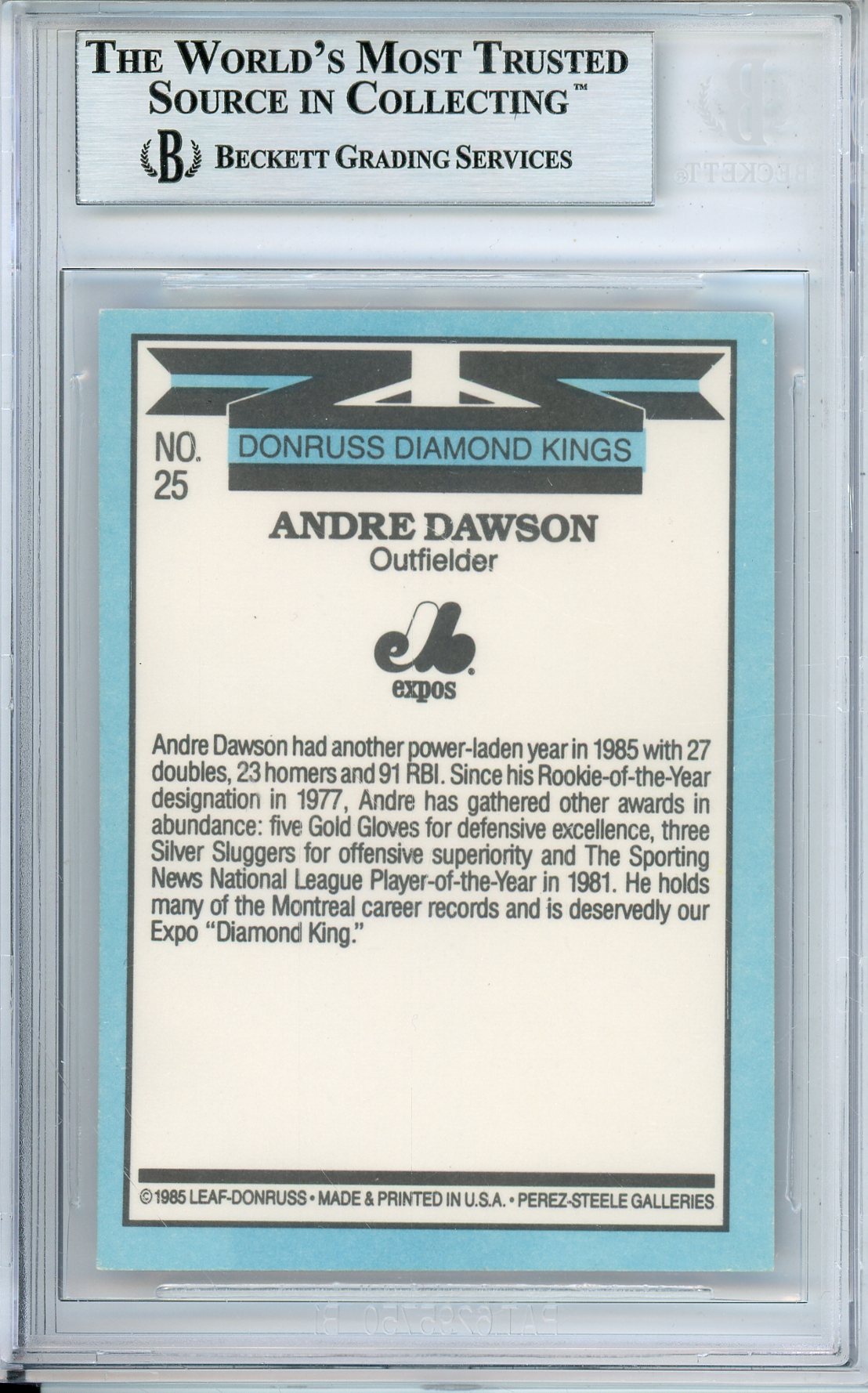 1986 DONRUSS BASEBALL ANRE DAWSON DK #25 EXPOS HOF AUTOGRAPH BECKETT AUTHENTIC