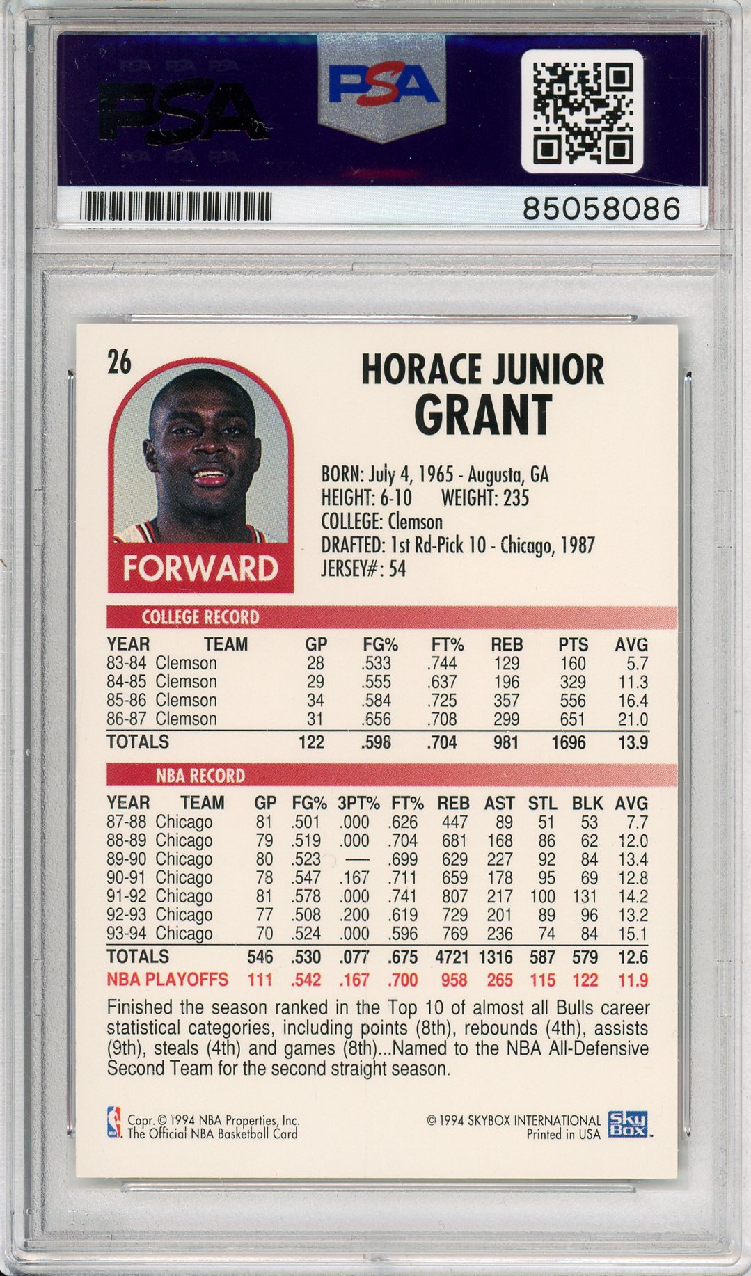 1994 SKYBOX HORACE GRANT #26 BULLS 4-TIME CHAMP AUTOGRAPH PSA/DNA