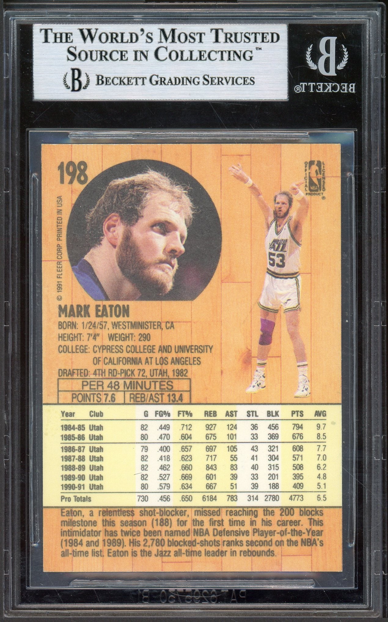 1991-92 Fleer #198 Mark Eaton Auto - BGS Authentic