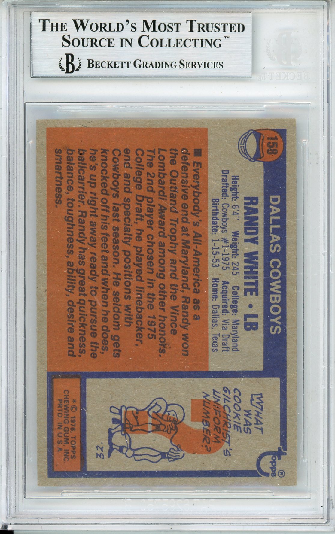 1976 TOPPS RANDY WHITE #158 HOF COWBOYS 8-TIME ALL PRO BECKETT AUTOGRAPH