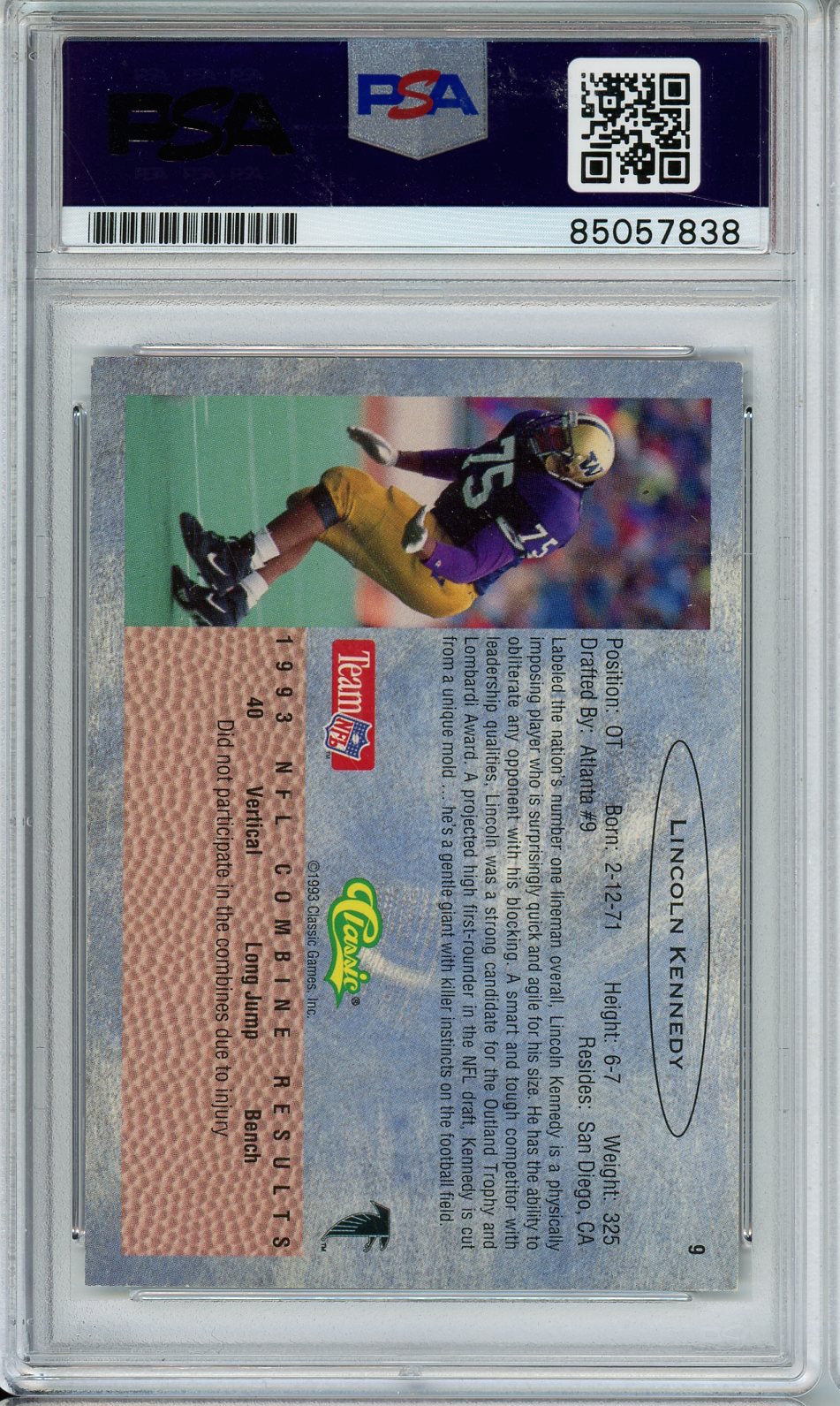 1993 CLASSIC NFL DRAFT LINCOLN KENNEDY RC #9 AUTO SIGNED PSA/DNA