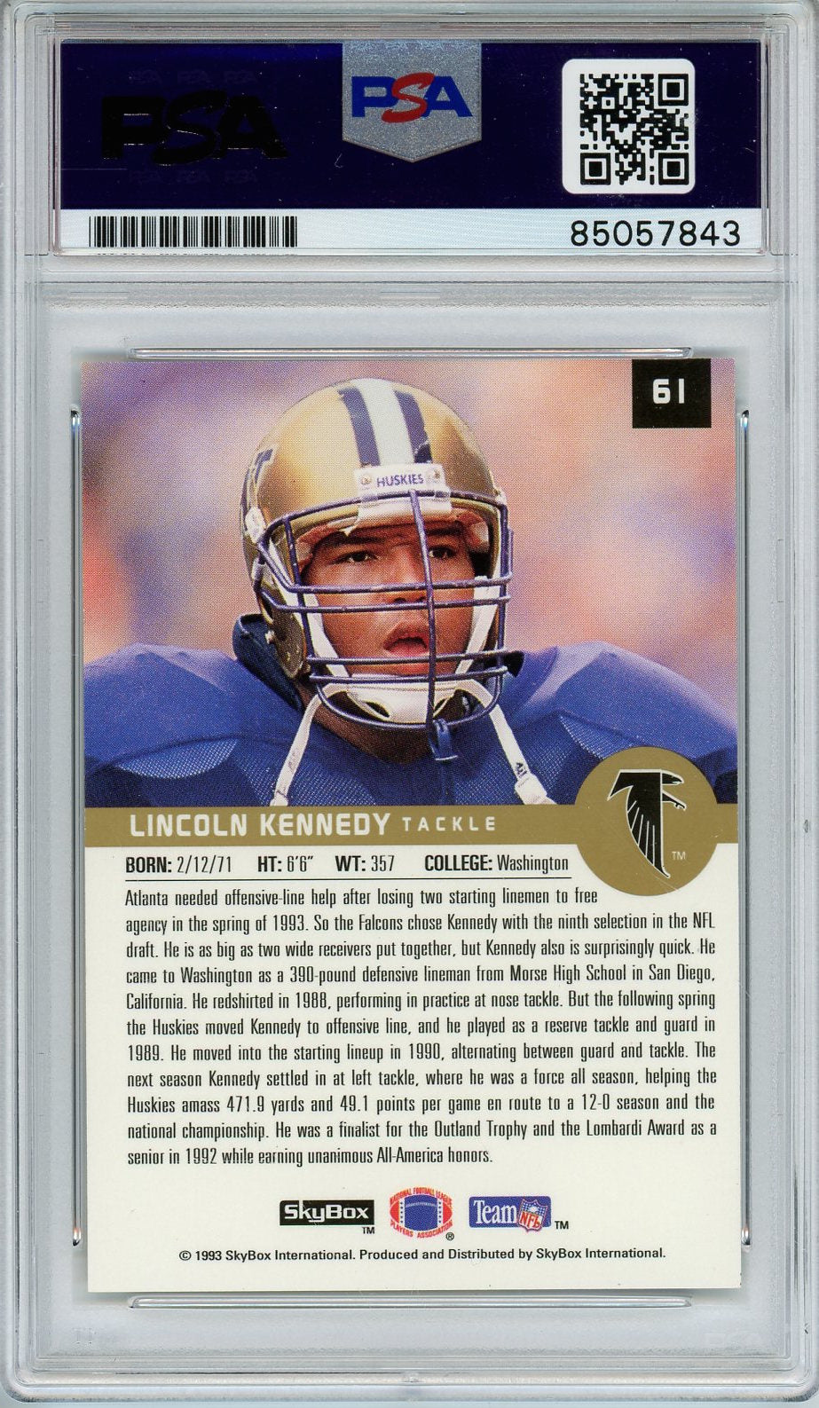 1993 SKYBOX LINCOLN KENNEDY RC #61 AUTO SIGNED PSA/DNA