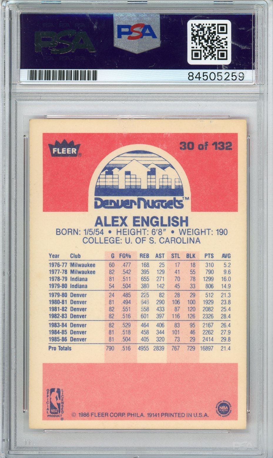 1986 FLEER ALEX ENGLISH #30 PSA/DNA AUTO (259)