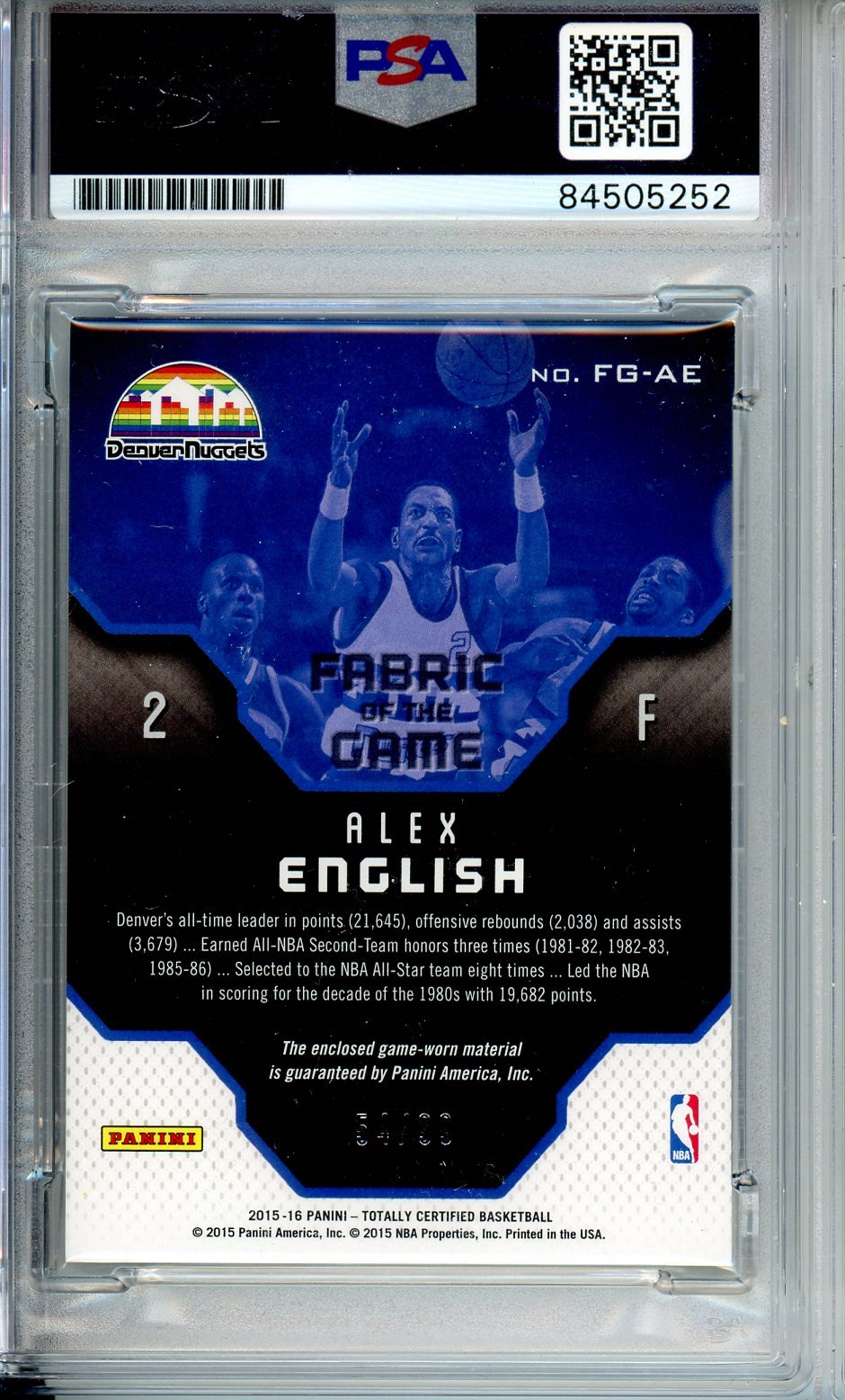 2015 TOTALLY CERTIFIED ALEX ENGLISH FABRIC OF THE GAME JERSEY AUTO #54/99 #FG-AE PSA/DNA