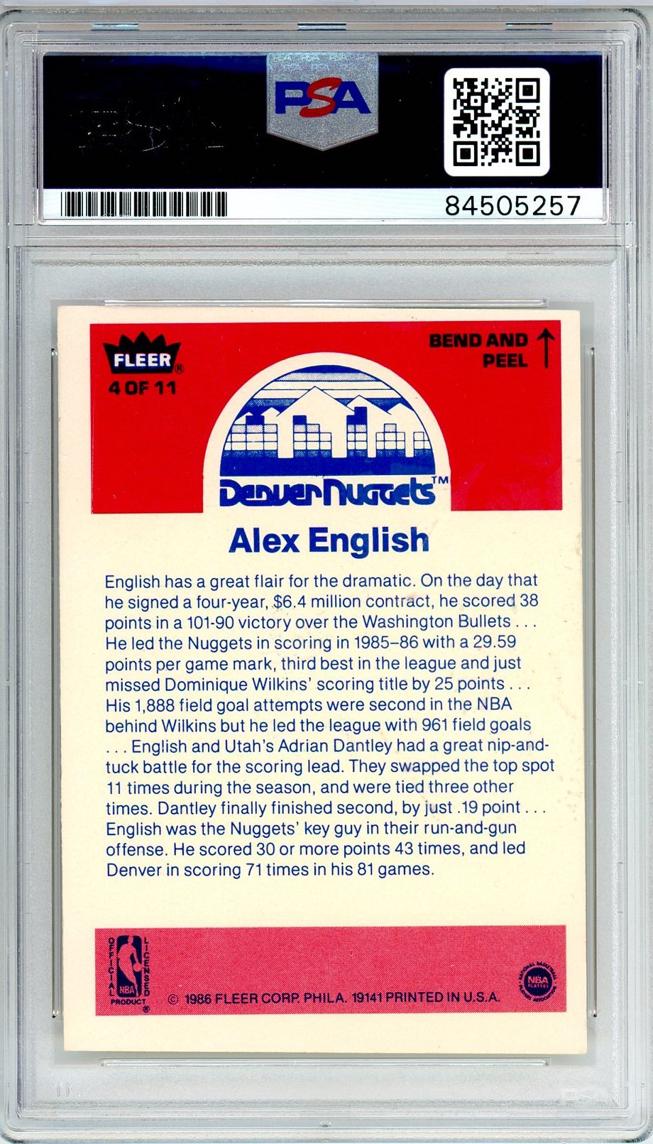 1986 FLEER ALEX ENGLISH STICKER #4 PSA/DNA AUTO