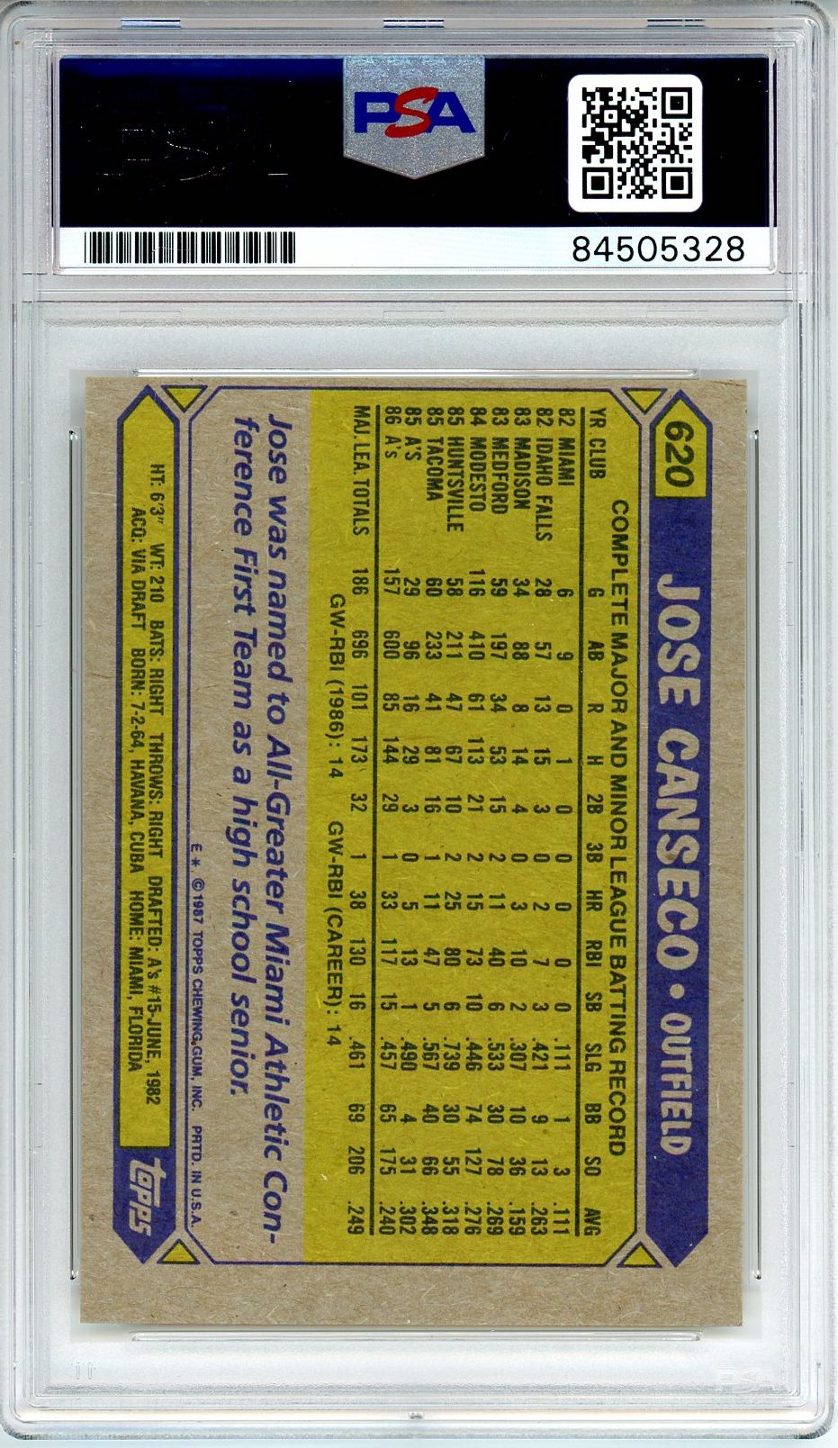 1987 TOPPS JOSE CANSECO AUTO RC ROOKIE #620 PSA DNA (328)