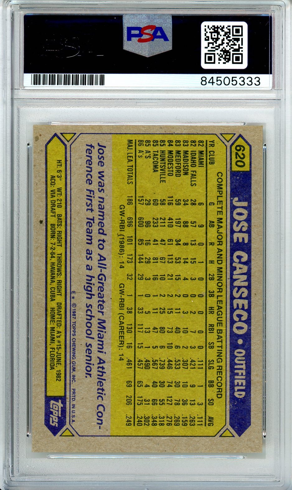 1987 TOPPS JOSE CANSECO AUTO RC ROOKIE #620 PSA DNA (333)