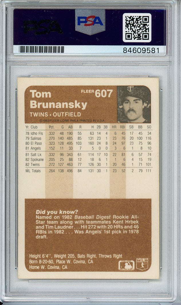 1983 FLEER TOM BRUNANSKY AUTO #607 PSA DNA