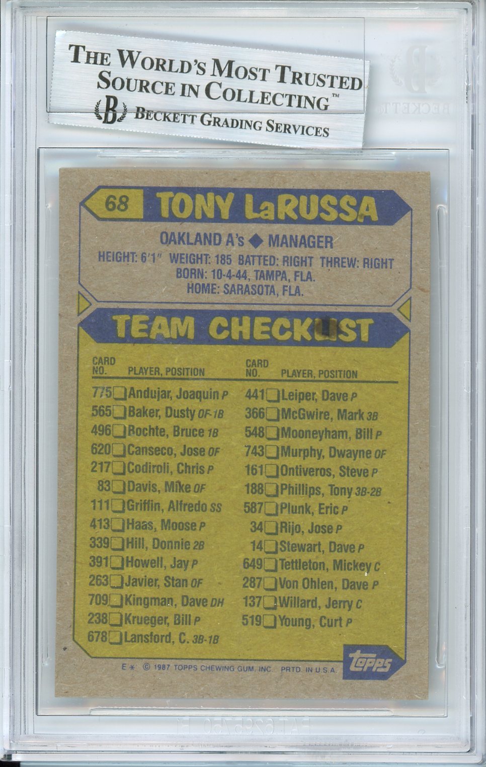 1987 TOPPS TONY LARUSSA AUTO #68 BAS BECKETT (191)