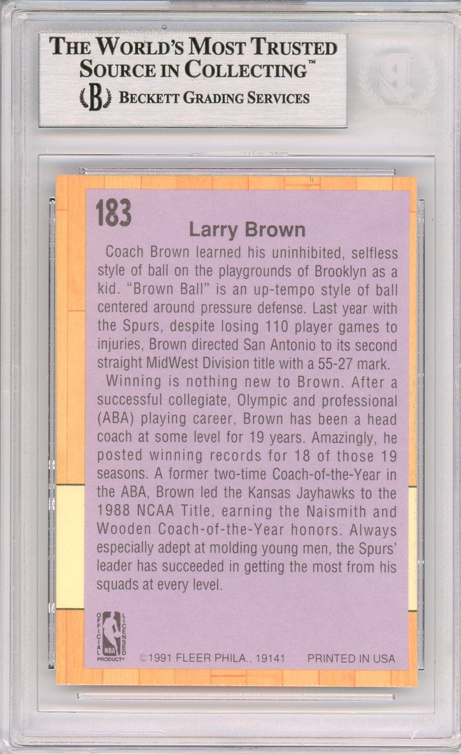 1991 FLEER LARRY BROWN #183 AUTO BAS BECKETT (818)