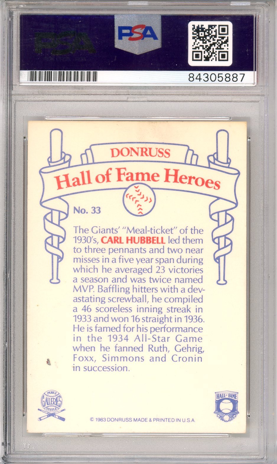 1983 DONRUSS CARL HUBBELL HOF HEROES AUTO #33 PSA DNA (887)